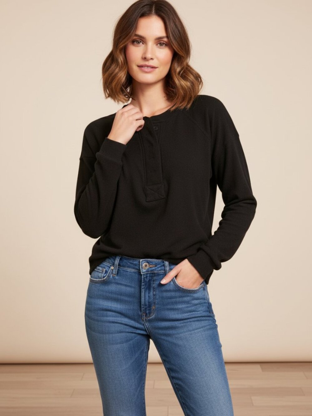 Treasure & Bond Half Button Henley Top Black Medium Long Sleeve Knit